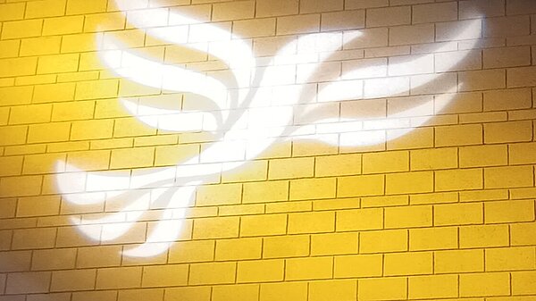 Lib Dem logo bird projected on blockwork