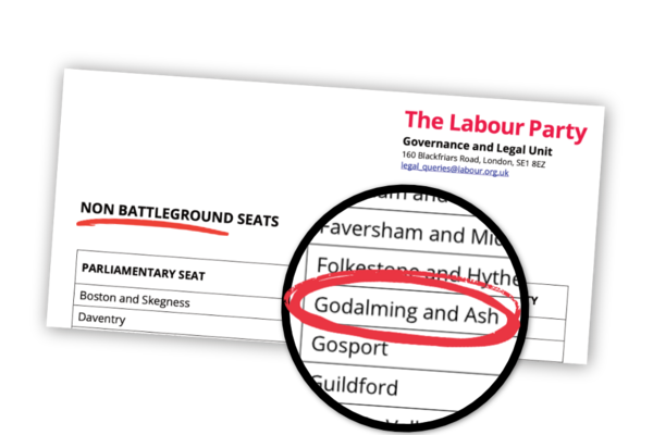 A document from Labour Party HQ showing 'non battleground seats'. Godalming and Ash is on the list.