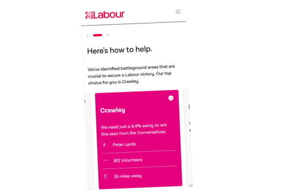 Screenshot of the Labour Party website instructing people to campaign in Crawley.